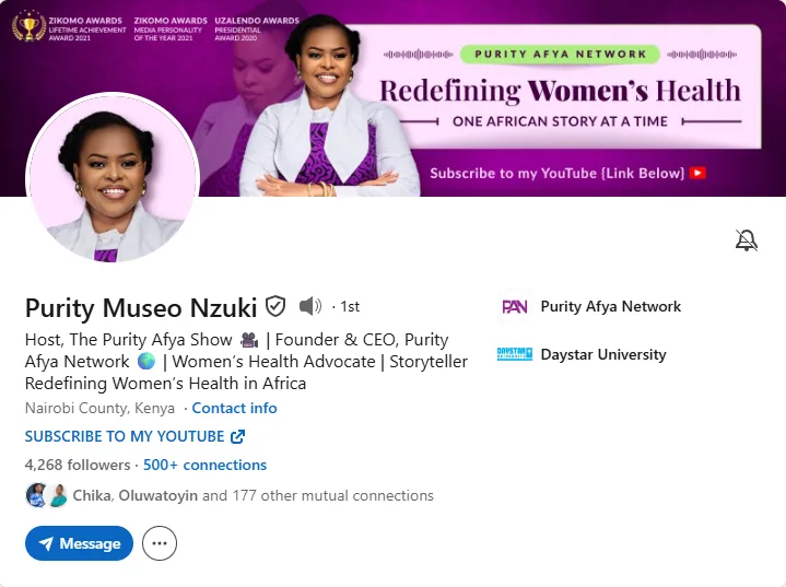 LinkedIn banner design for Purity Museo Nzuki, founder and CEO of Purity Afya Network